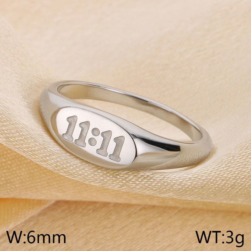 Minimalist Oval 11:11 Titanium Steel Seal Ring, Lucky Number Stainless