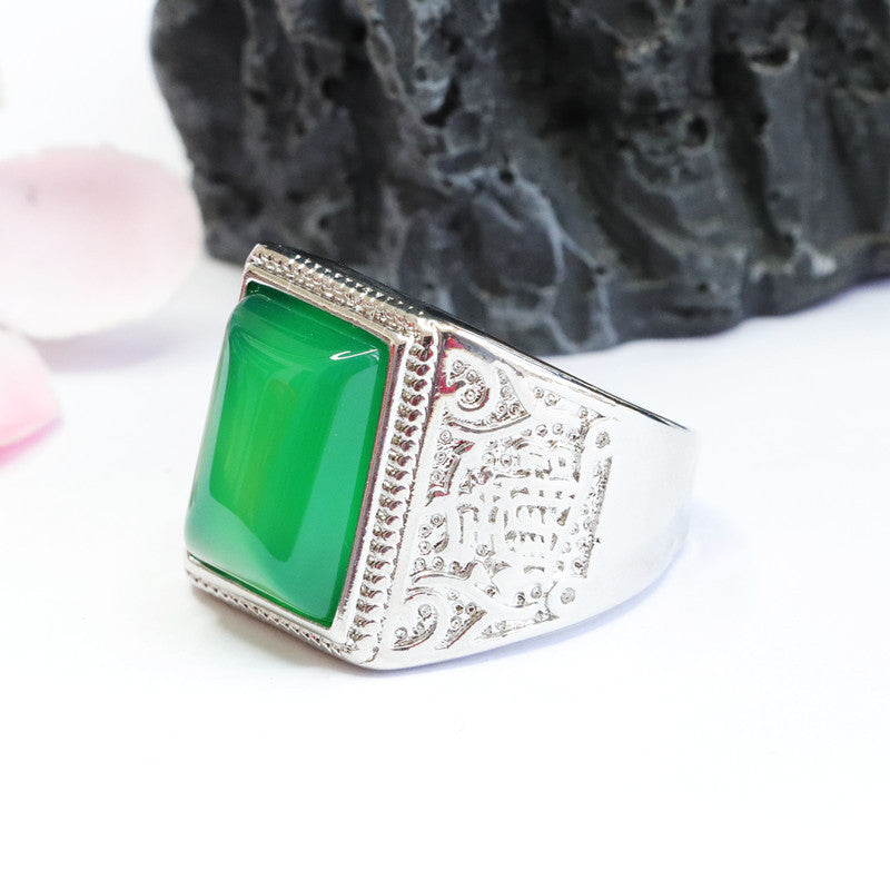 Wide Hollow Sterling Silver Ring with Natural Green Chalcedony