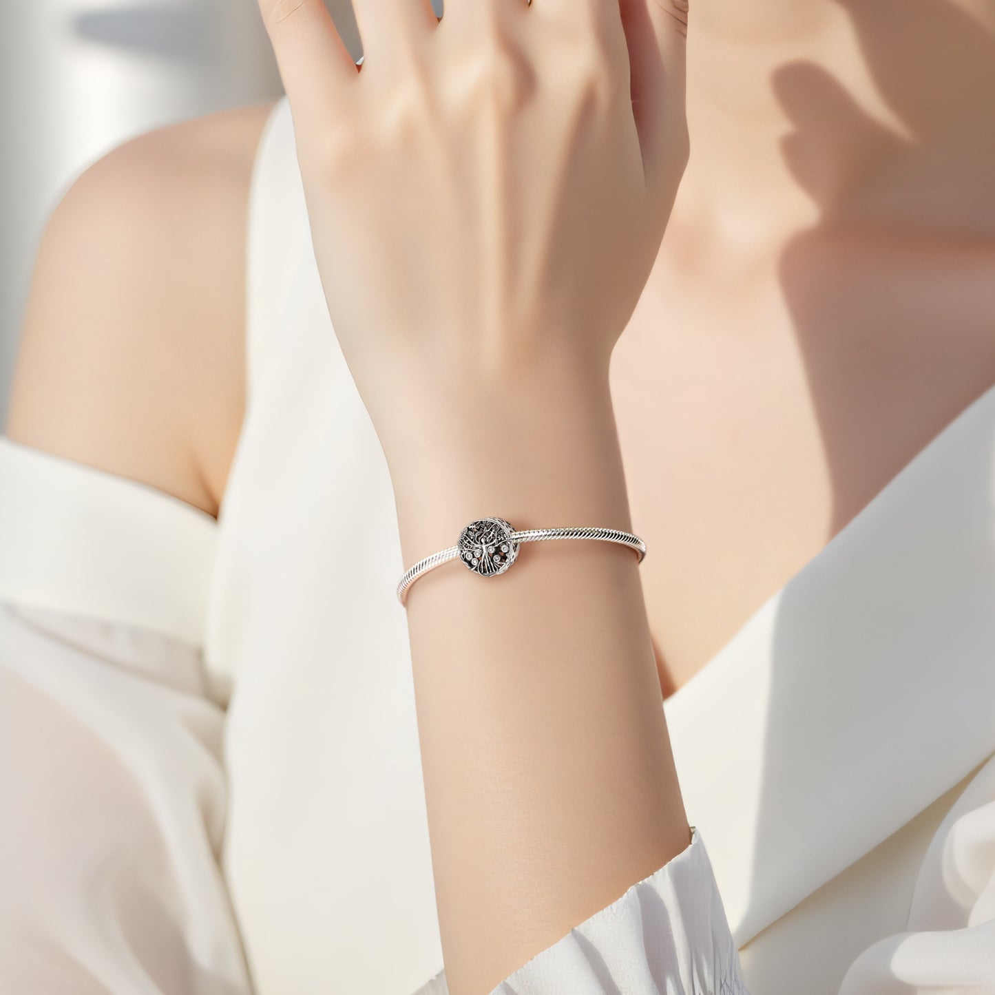 Planderful Jewelry Sterling Silver Beaded Bracelet With Zircon Pendant And Family Life Tree Design