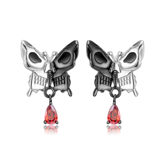 Halloween Double Sided Skull Face Butterfly Pear Shape Red Zircon Silver Stud Earrings