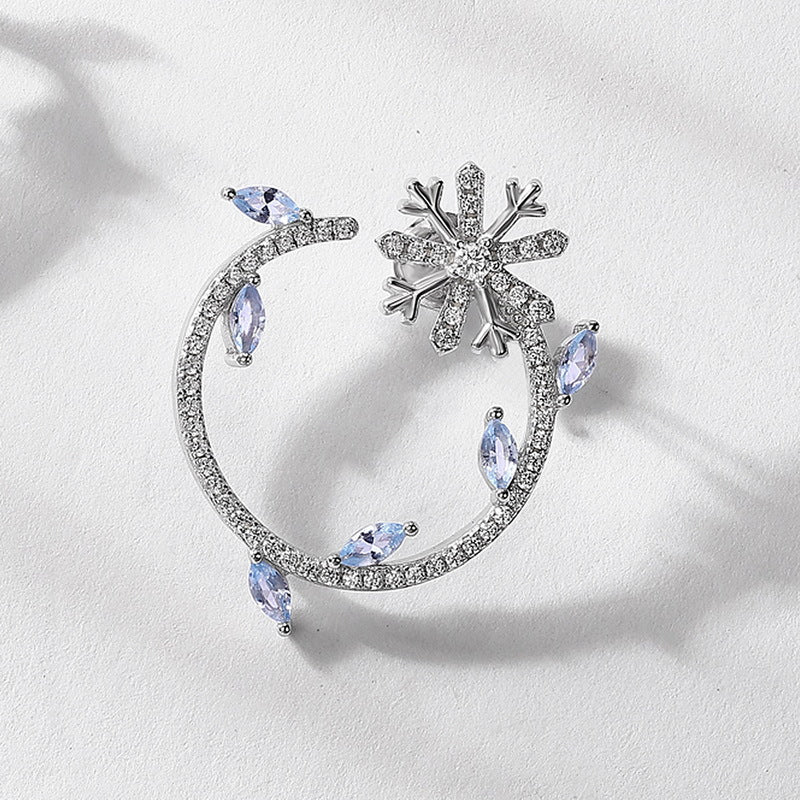 Marquise Shape Blue Zircon Snowflake Wreath Sterling Silver Stud Earrings