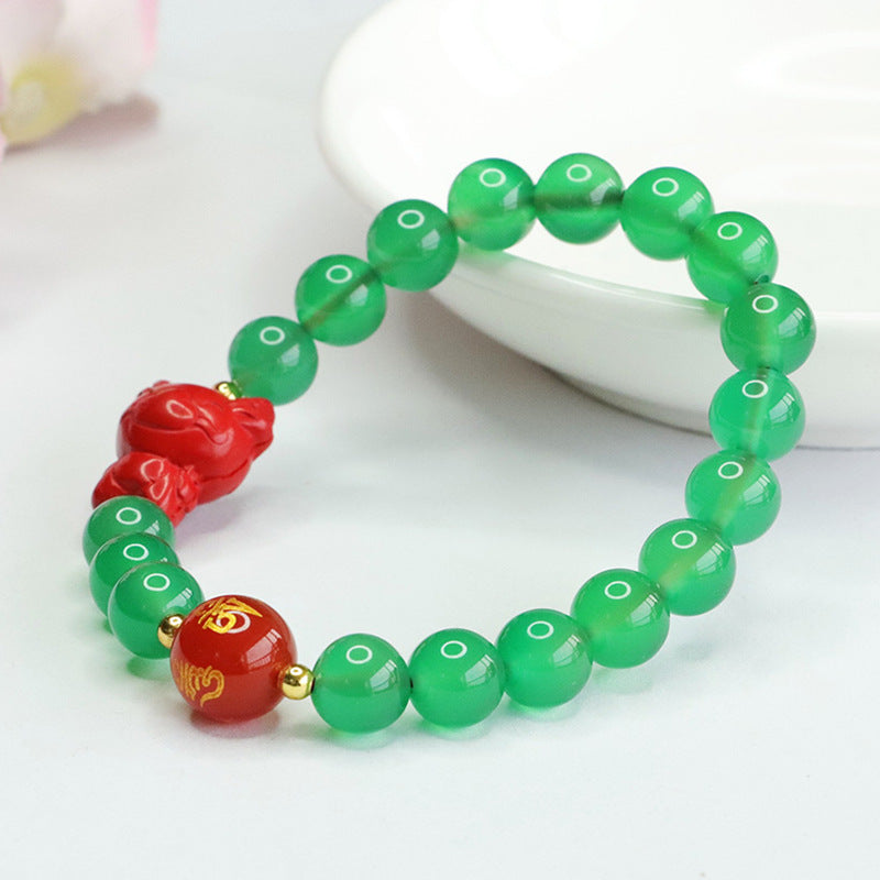 Zodiac Dragon Sterling Silver Bracelet with Natural Green Chalcedony and Red Sand Cinnabar