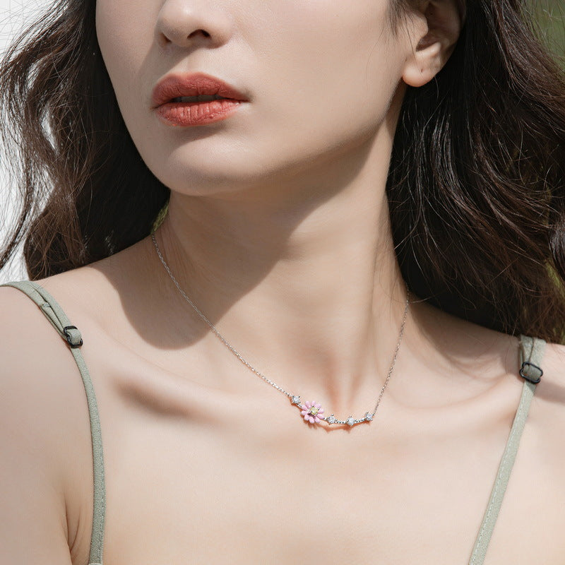 Sweet Pink Daisy Flower Colourful Zircon Sterling Silver Necklace