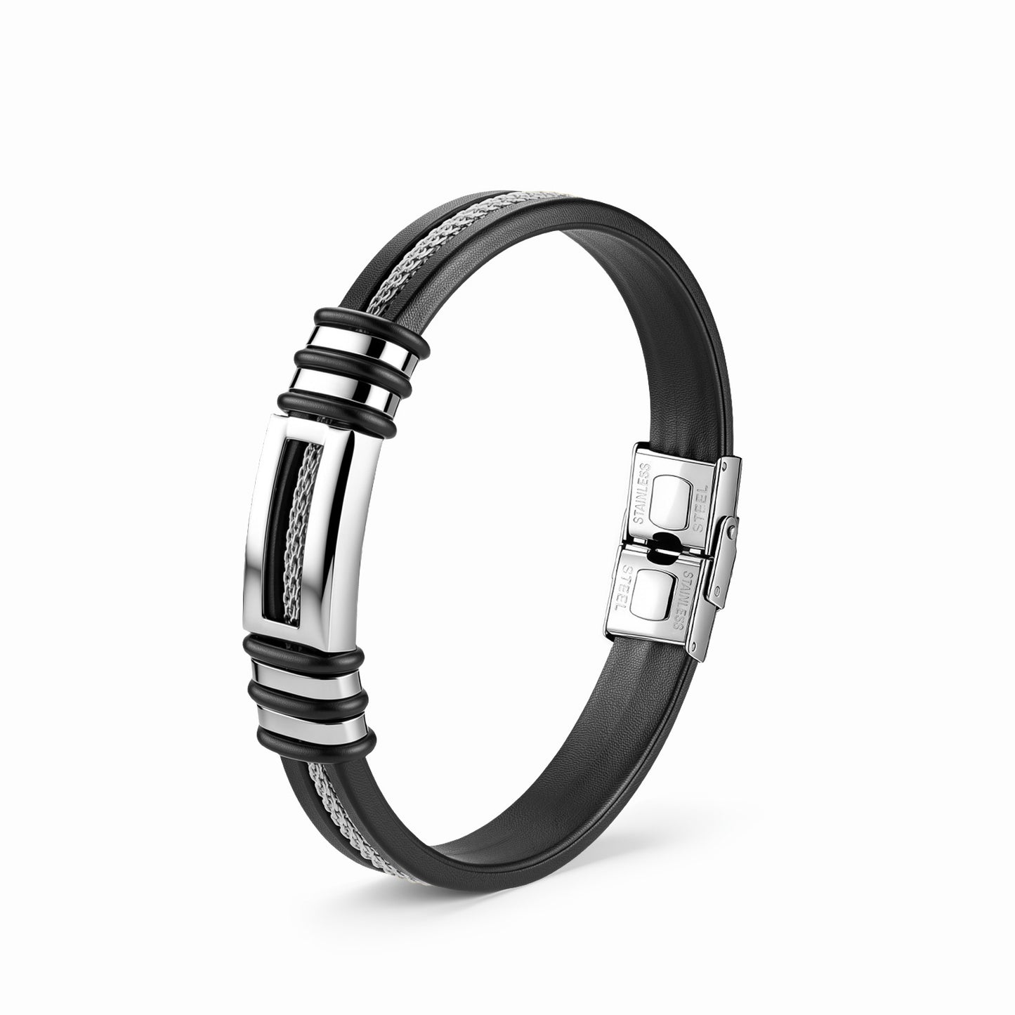 Planderful Stainless Steel Chain Leather Bracelet For Men Durable Weave Trendy European American Unisex Jewelry