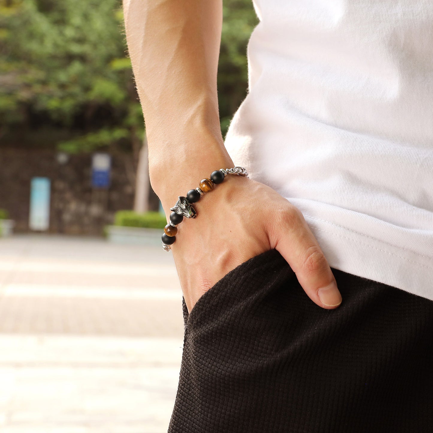 Hip Hop Stainless Steel Wolf Head Bracelet for Men