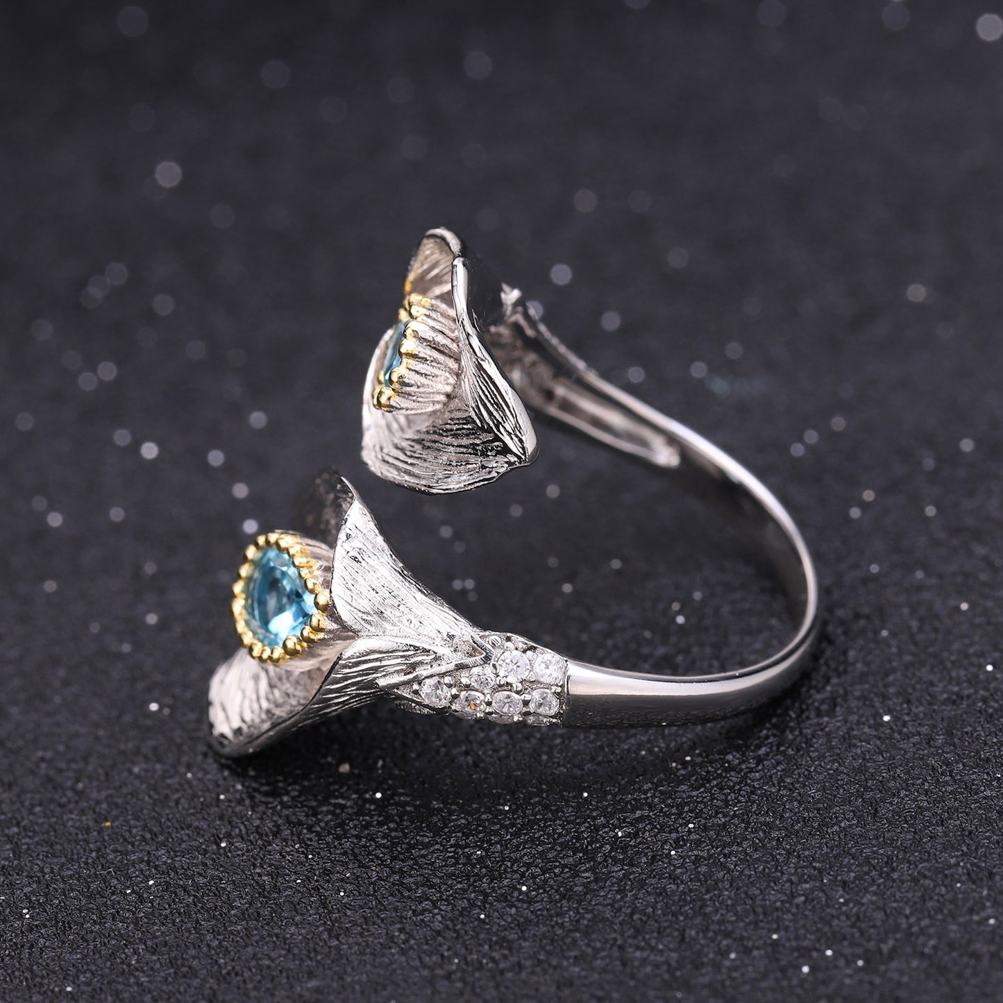 Lily Flower Natural Blue Topaz Opening Silver Ring