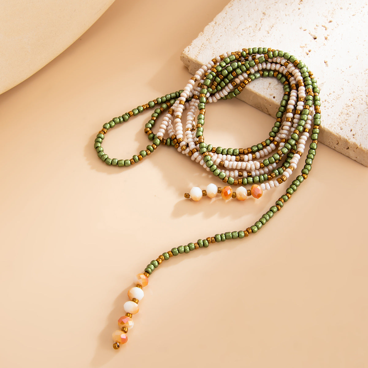 Holiday Style Color Imitation Pearl Beaded Necklace Rice Bead Y-Shaped Fringed Splicing