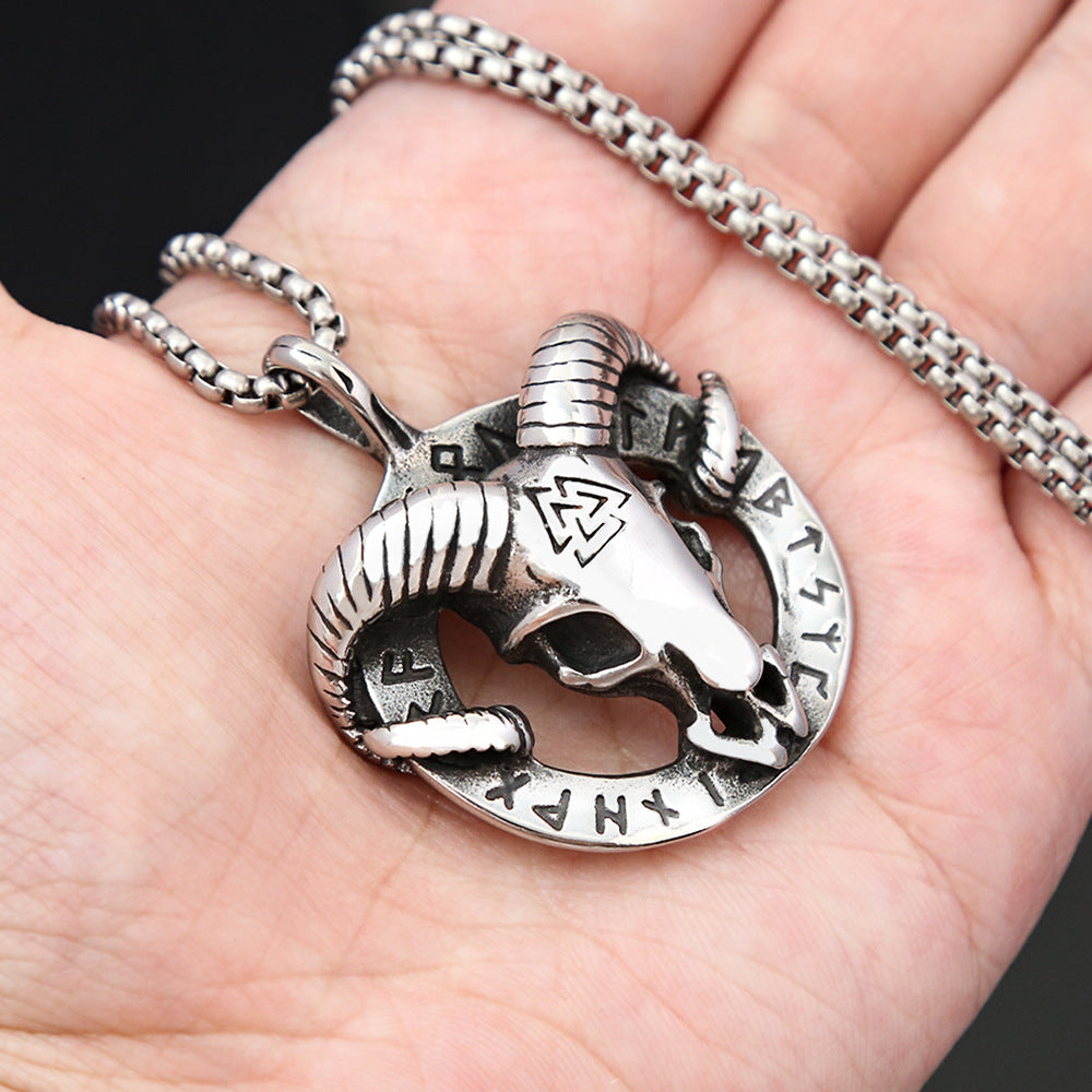 European And American Stars Retro Titanium Steel Necklace Male Viking Sheep Head Rune Triangle Logo Pendant Wholesale