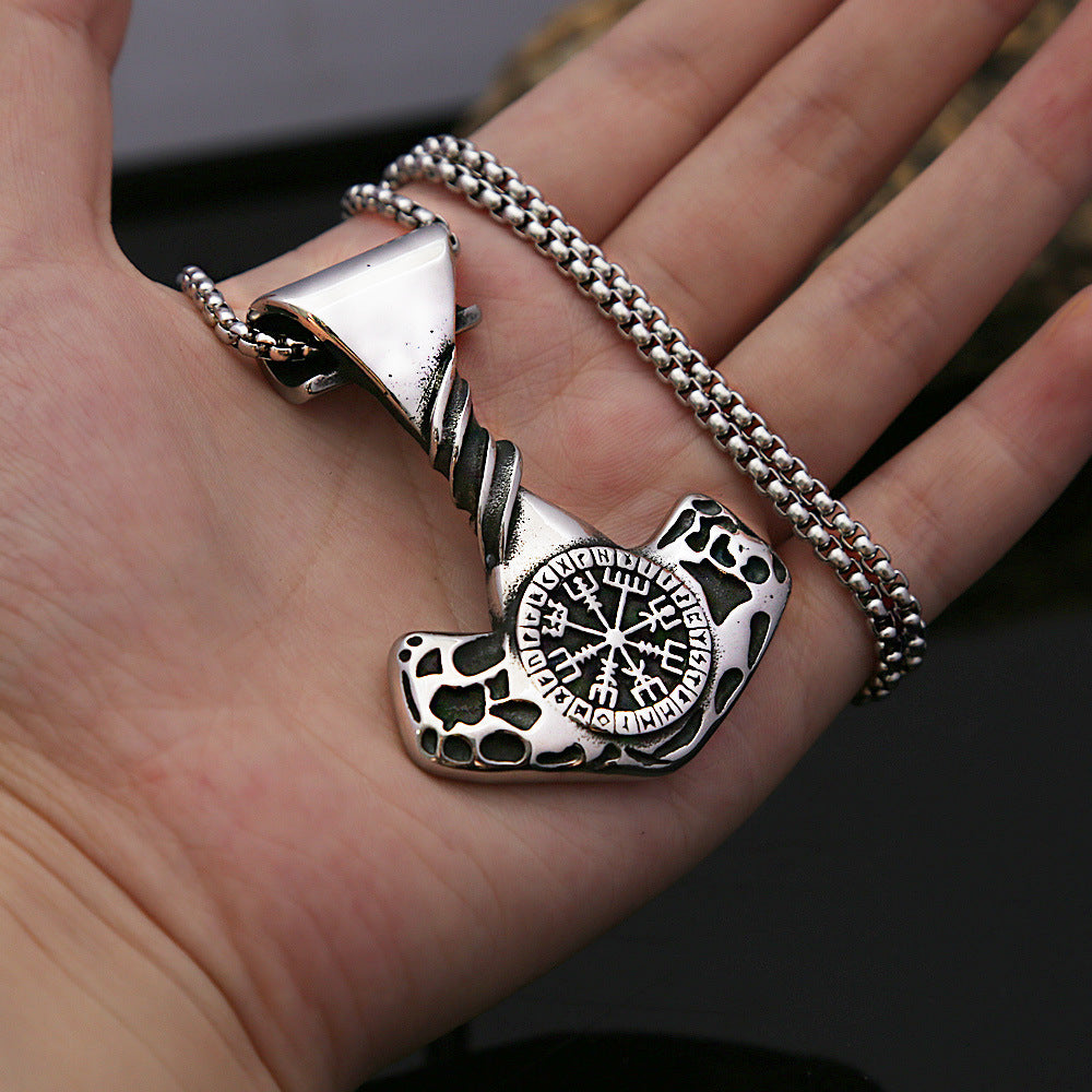 Viking Titanium Steel Necklace Jewelry Compass Rune Pendant