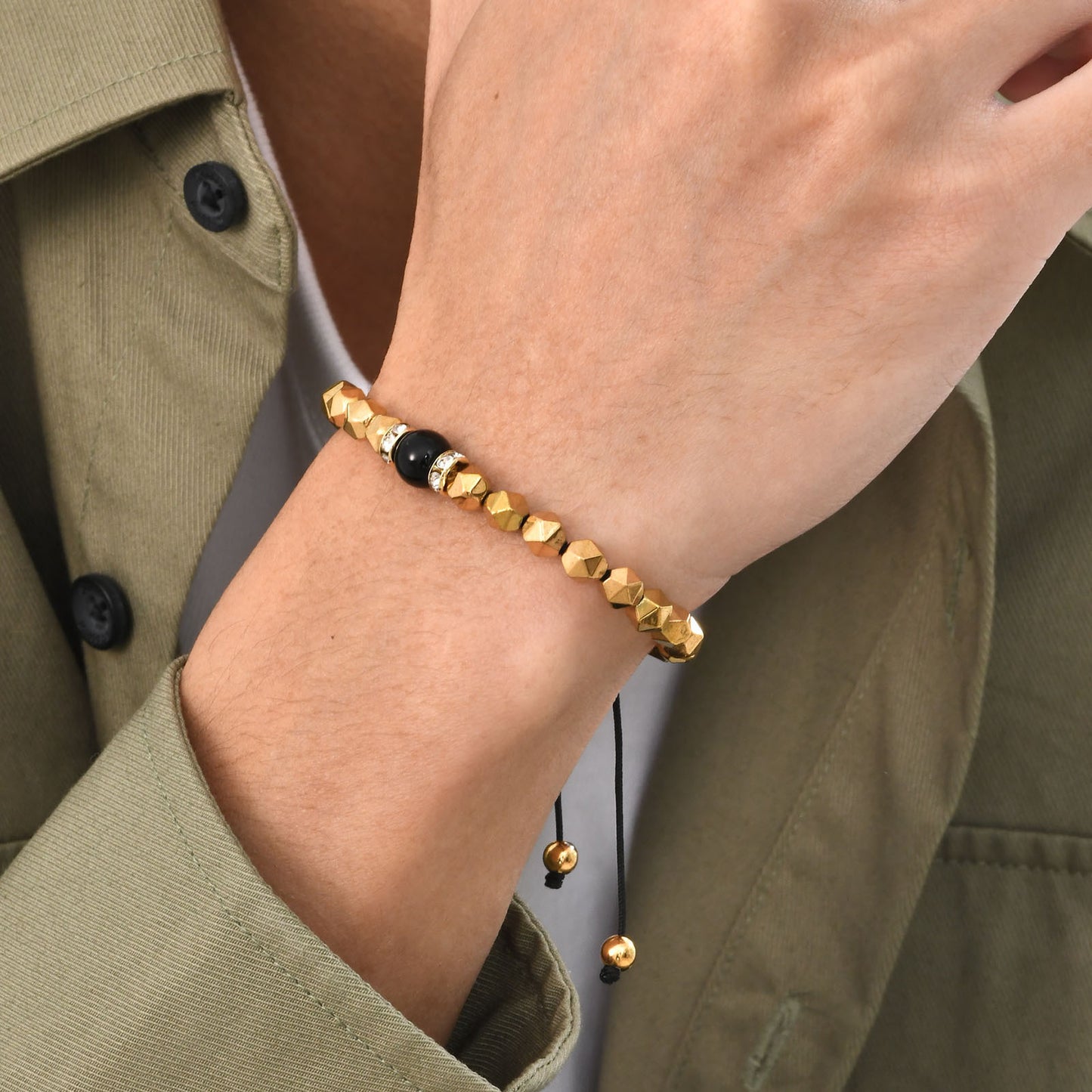 Men's Gold Black Gallstone Slice Glossy Agate Beaded Bracelet