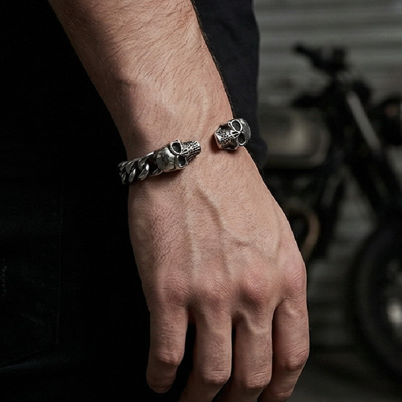 Skull Men's Woven Leather Bracelet – Stainless Steel
