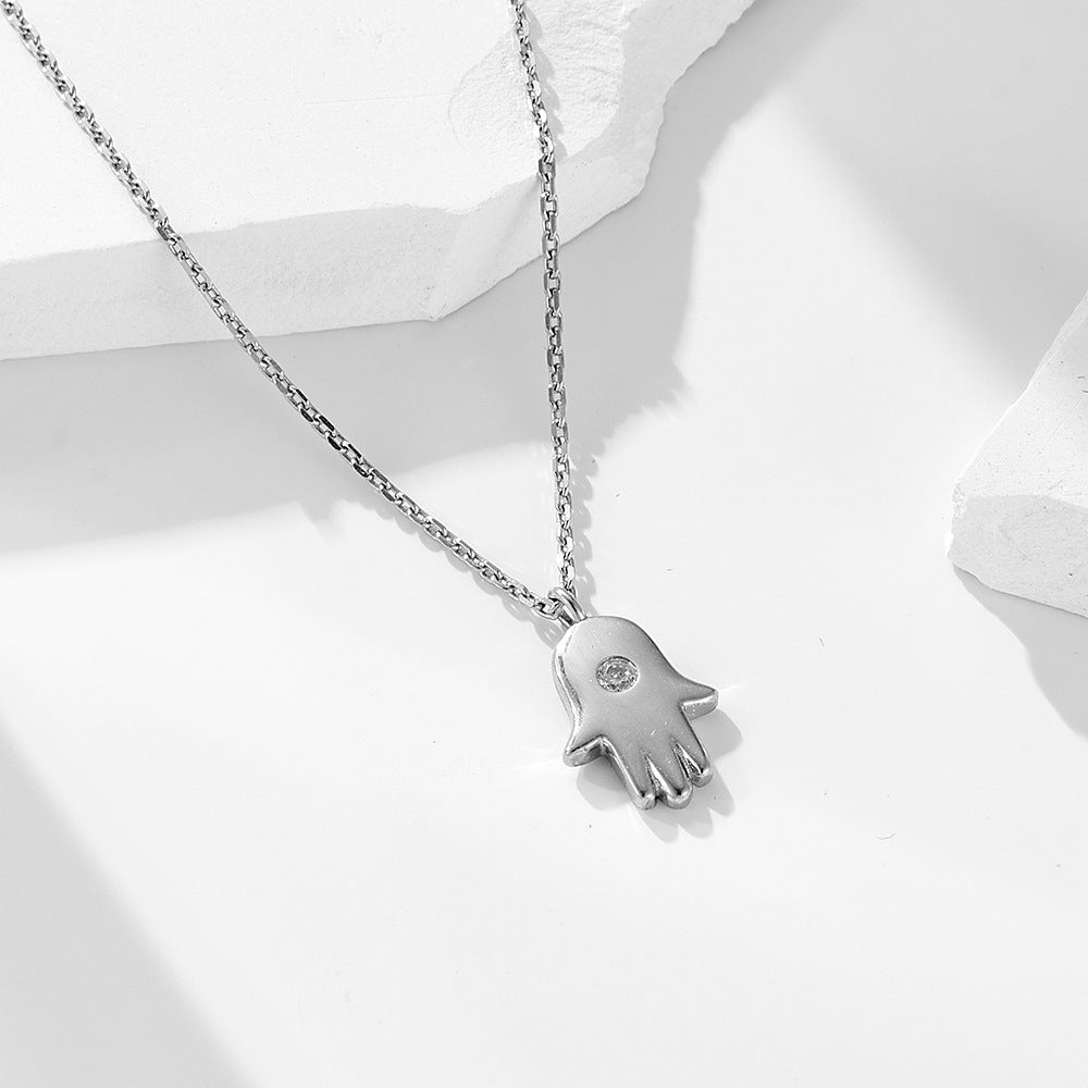 Hip Hop Personality Zircon Fatima Palm Pendant Necklace 925 Sterling Silver Women