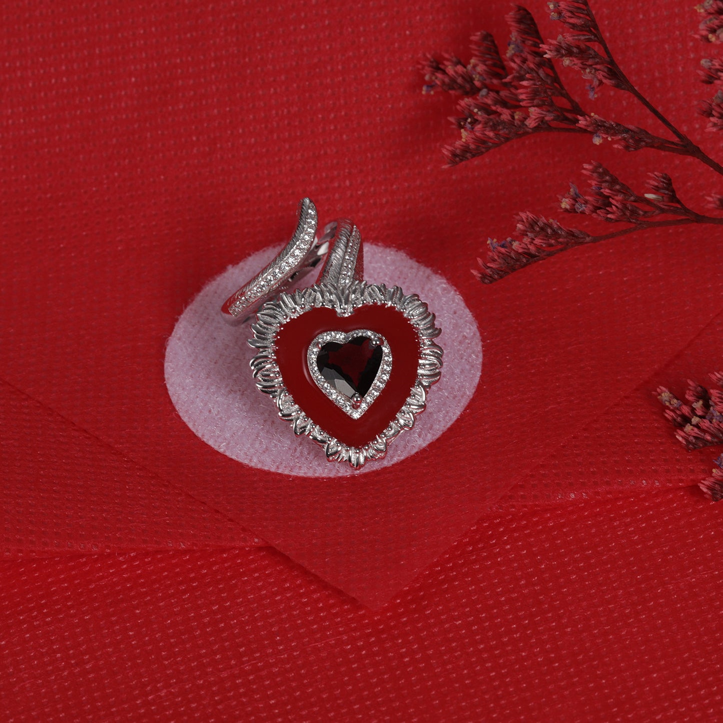 Angel Red Heart Natural Gemstones Opening Silver Ring
