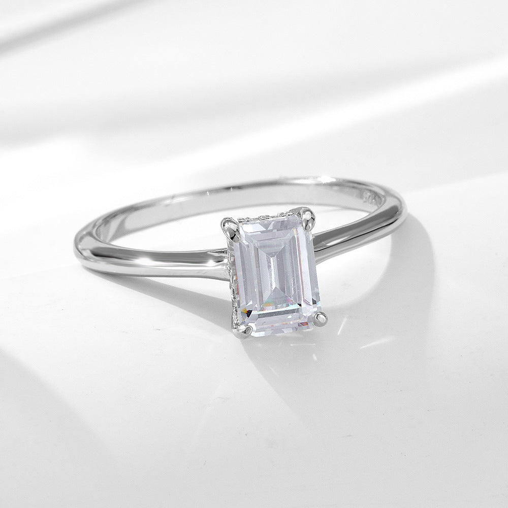S925 Sterling Silver Geometric Rectangular Zircon Ring In Europe And America For Wedding