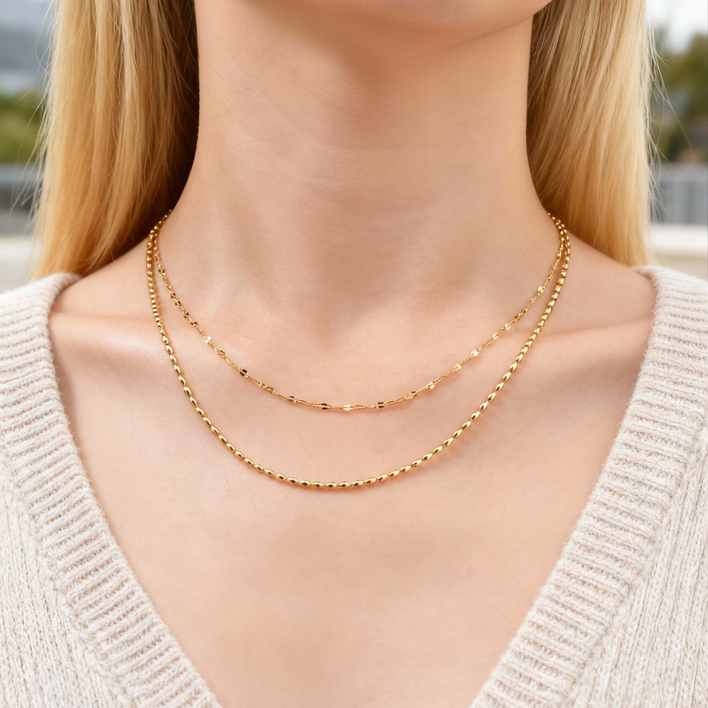 Stainless Steel Lip Chain Olive Bead Chain Double Necklace Collarbone Chain Gold
