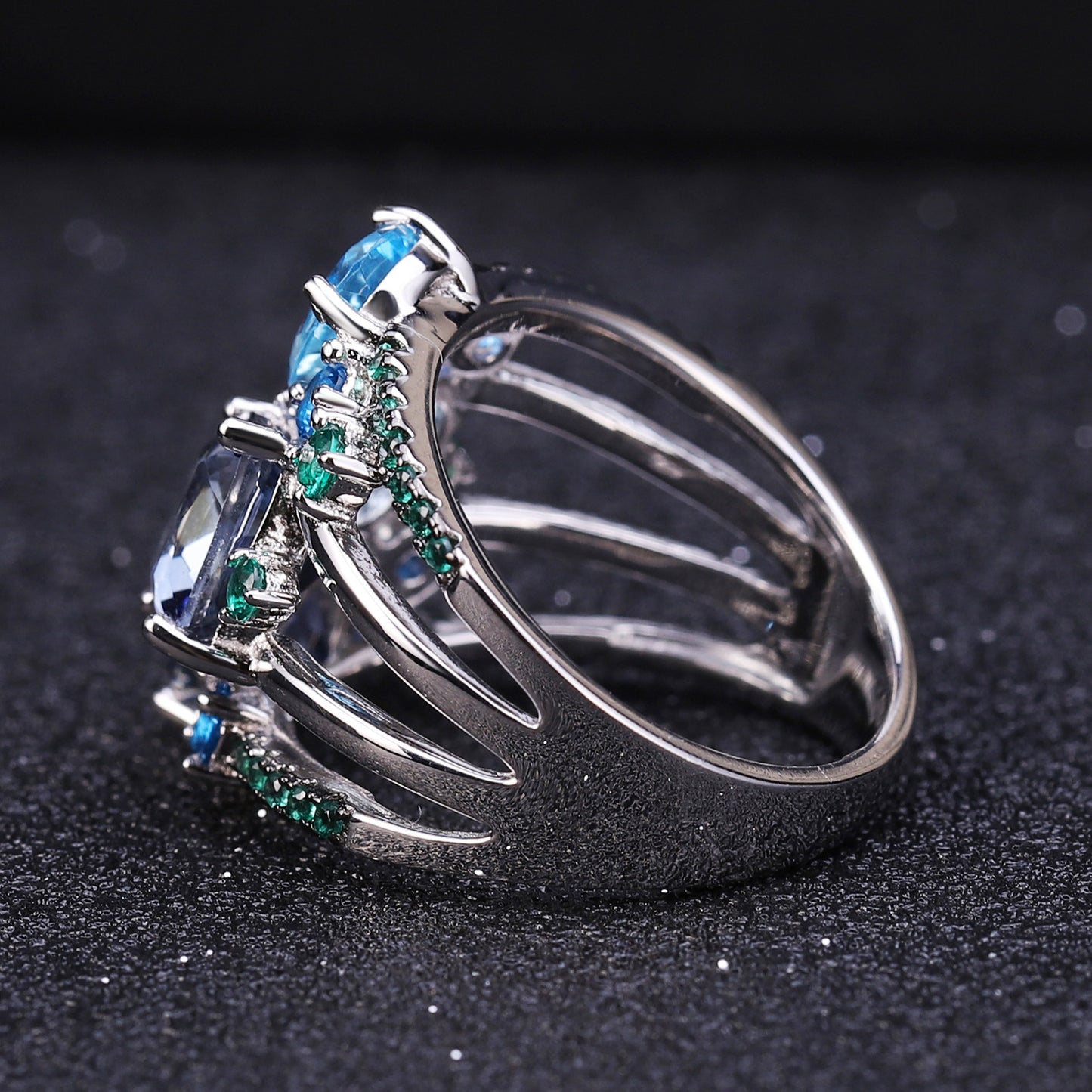 Banquet Jewelry Four Layers Natural Gemstones Silver Ring