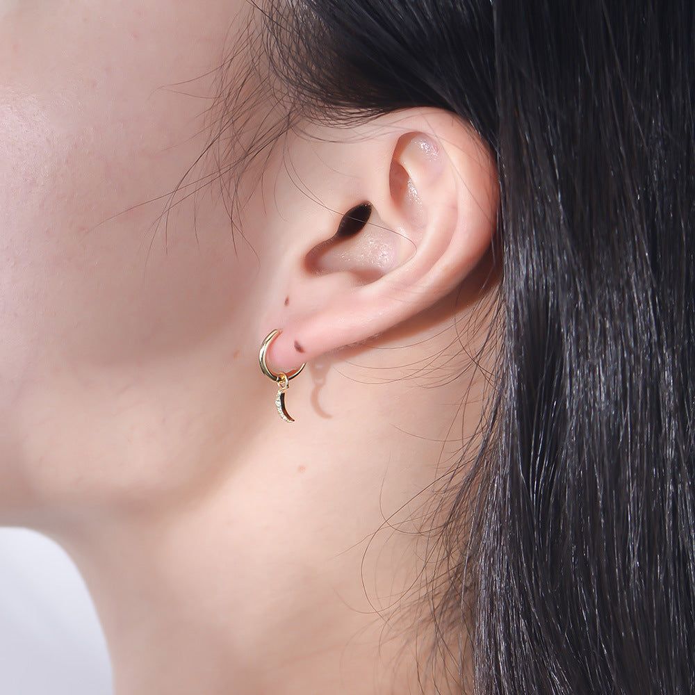 S925 Sterling Silver Small Micro-Inlaid Zircon Moon Earrings