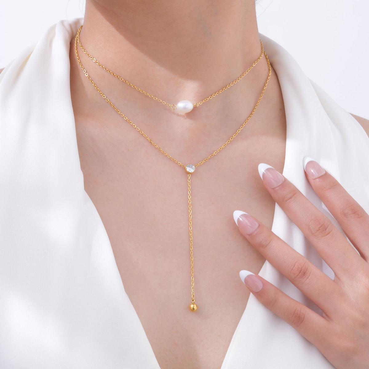 Summer Stainless Steel Double Chain Natural Baroque Zircon Y-Shaped Necklace Gold Ladies