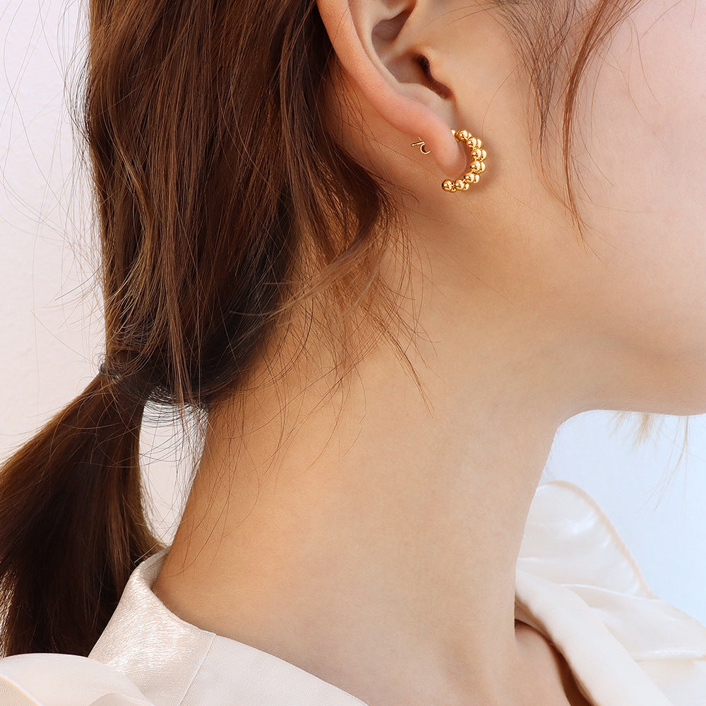 European Cold Wind Double-Layer Bead Earrings in Titanium Steel Plated with 18K Gold