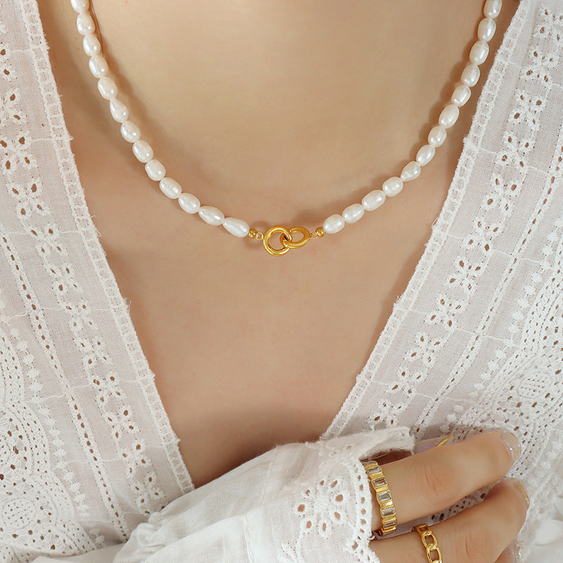 Elegant French Pearl Necklace with Titanium Steel Gold-Plated Double Loop Buckle