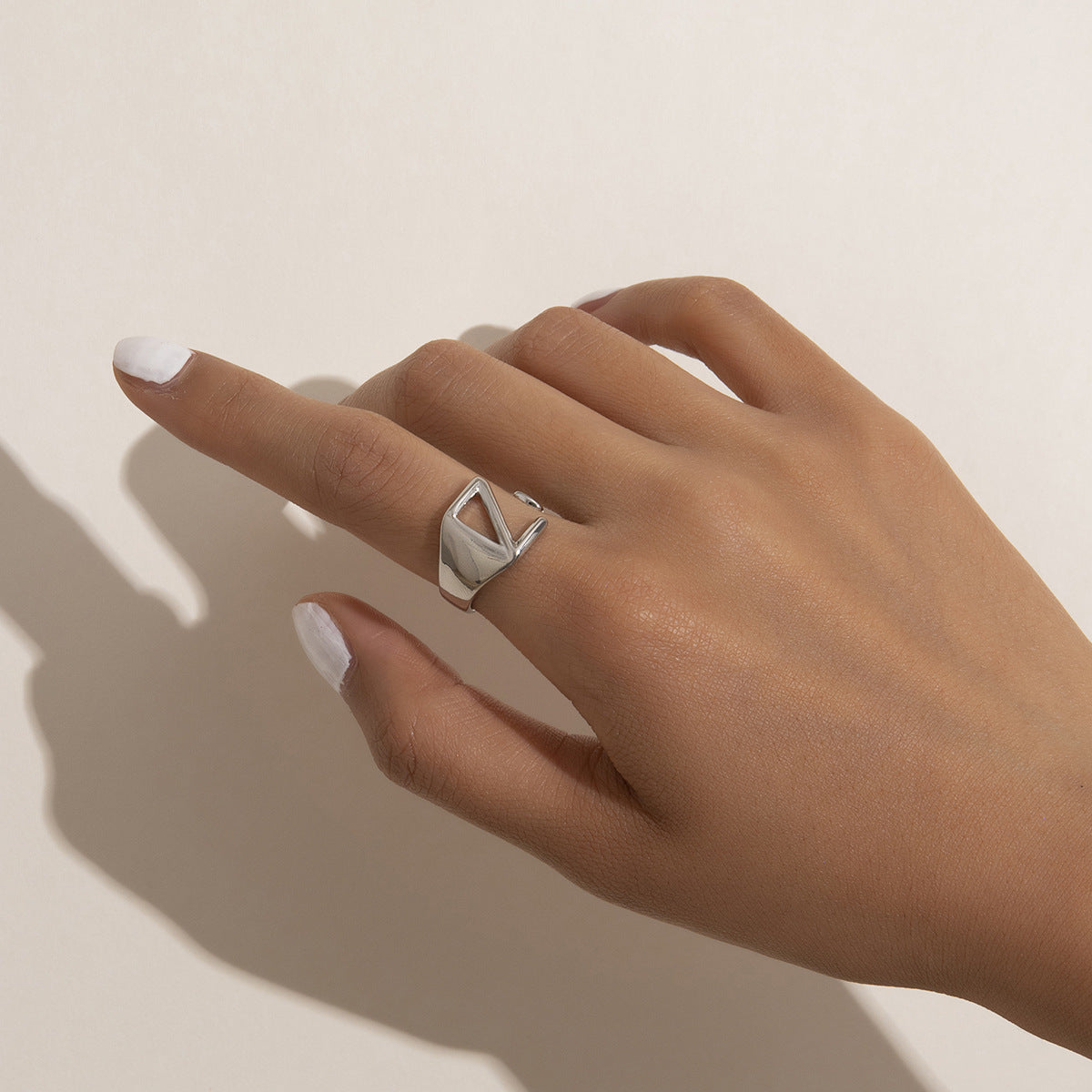 Geometric Letter Ring with Hollow Design - Adjustable Alloy Material Statement Jewelry