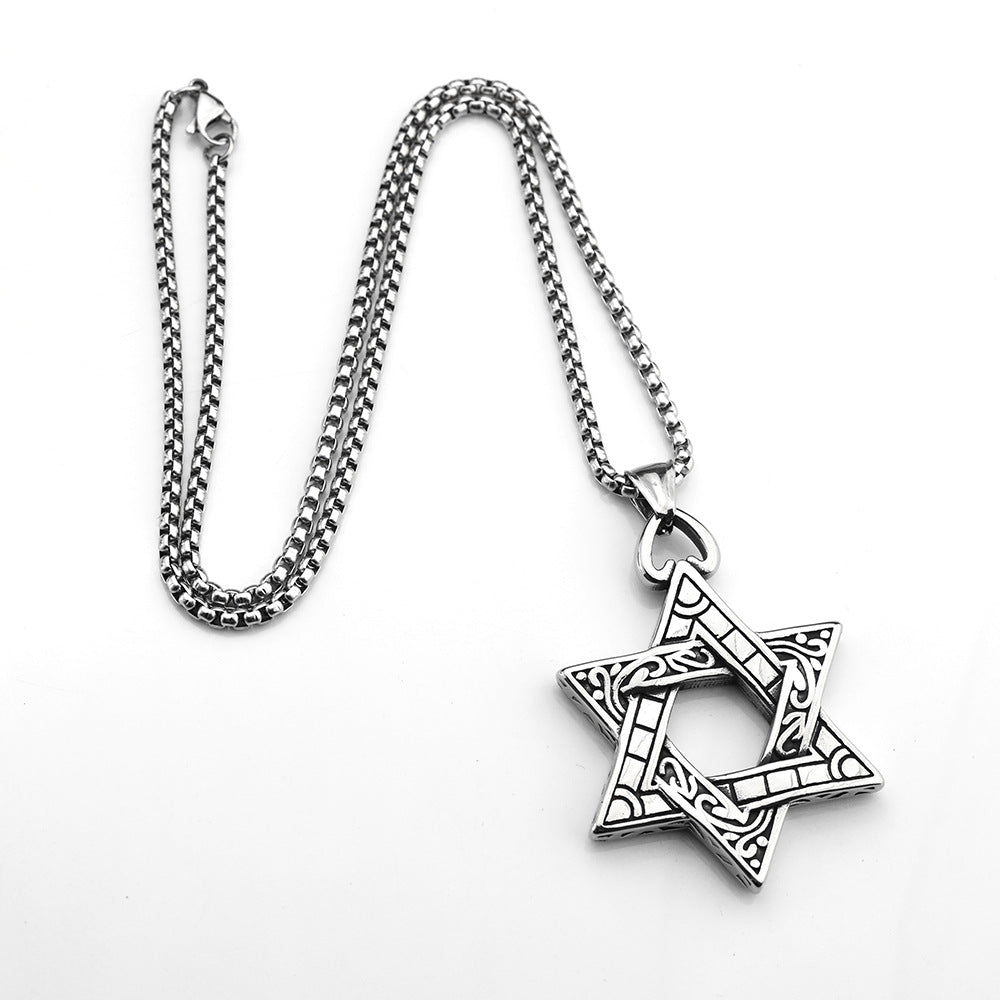 European And American Retro Men's Pendant Stainless Steel Punk Double-Sided Hexagram Necklace