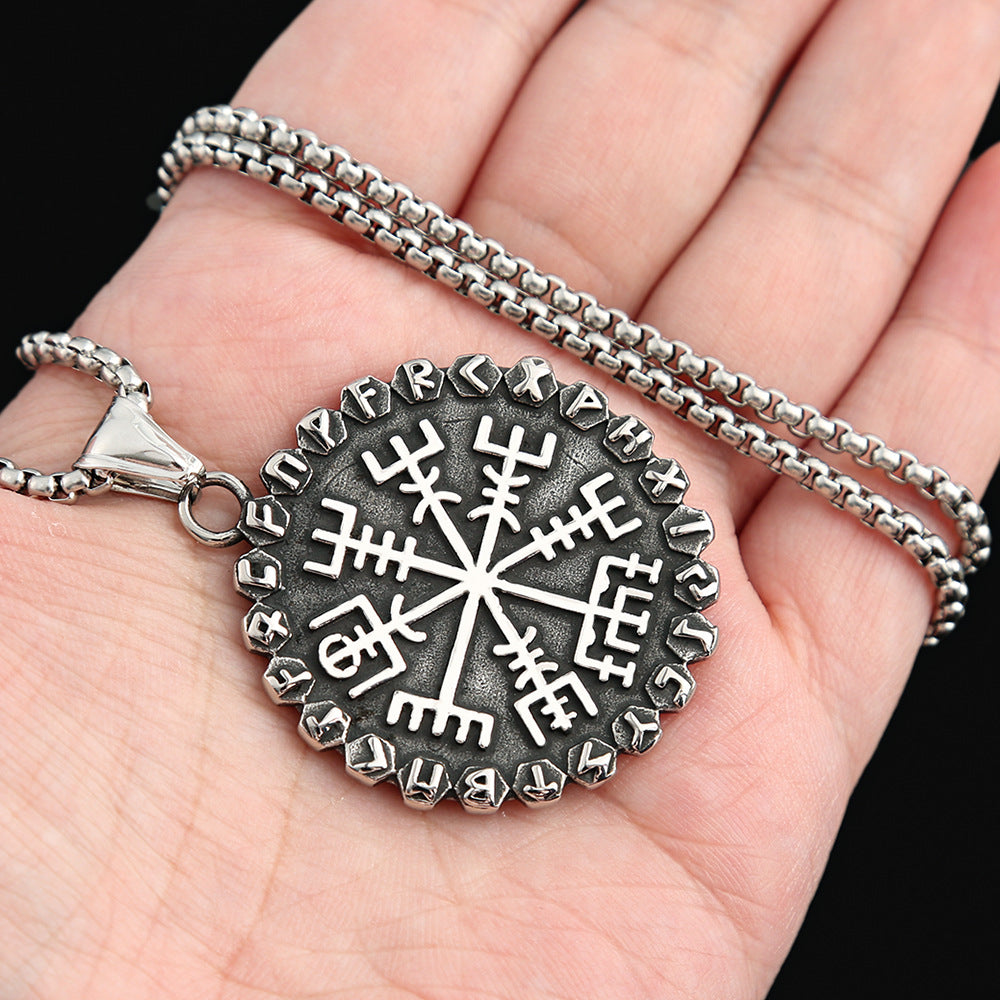 Nordic New Viking Text Compass Stainless Steel Necklace for Men