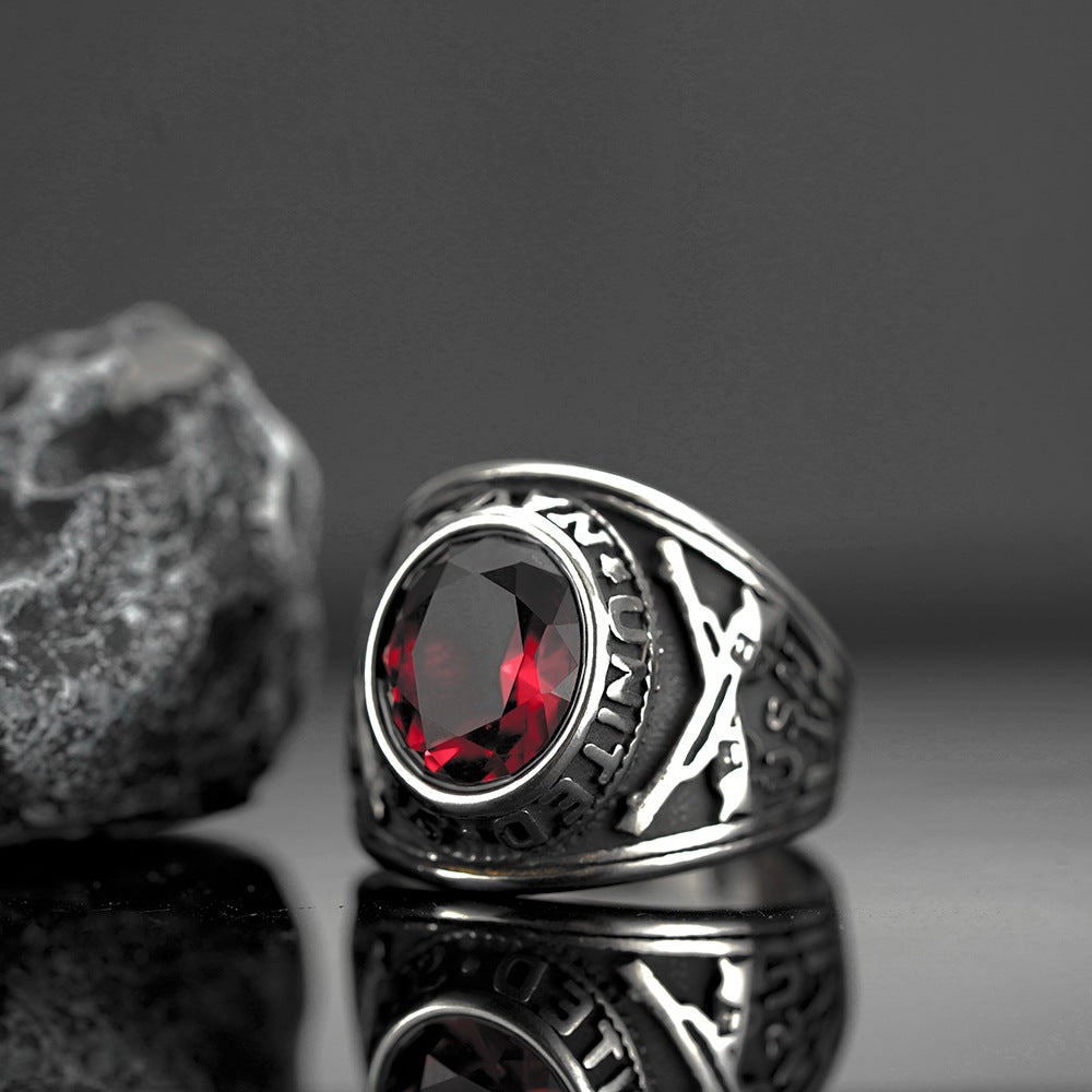 European and American Jewelry Wholesale Men's Titanium Steel Ring Retro Hip-Hop Red Stone Ring