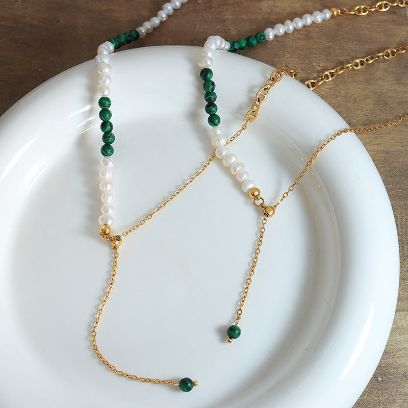 Turquoise Freshwater Pearl Tassel Necklace with Gold-Plated Titanium Chain