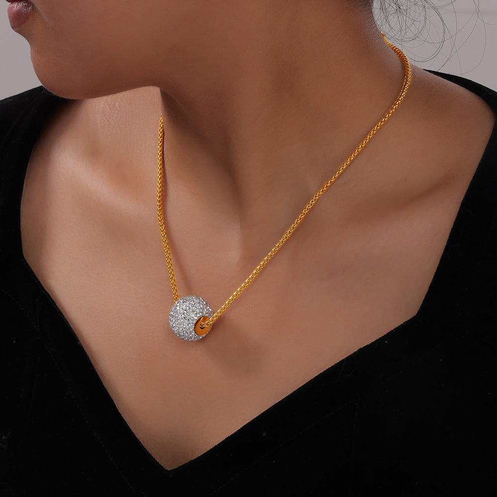 Zircon Embellished Ball Pendant Necklace in Titanium Steel - Chic and Minimalistic Gold-Plated Jewelry