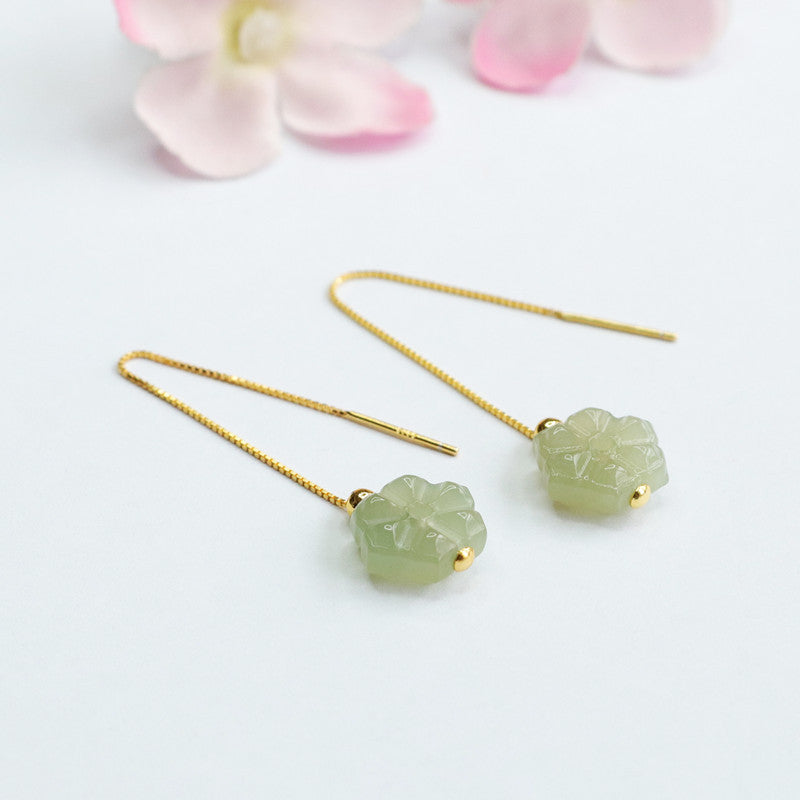 Small Flower Sterling Silver Earrings with Natural Hetian Jade Insets