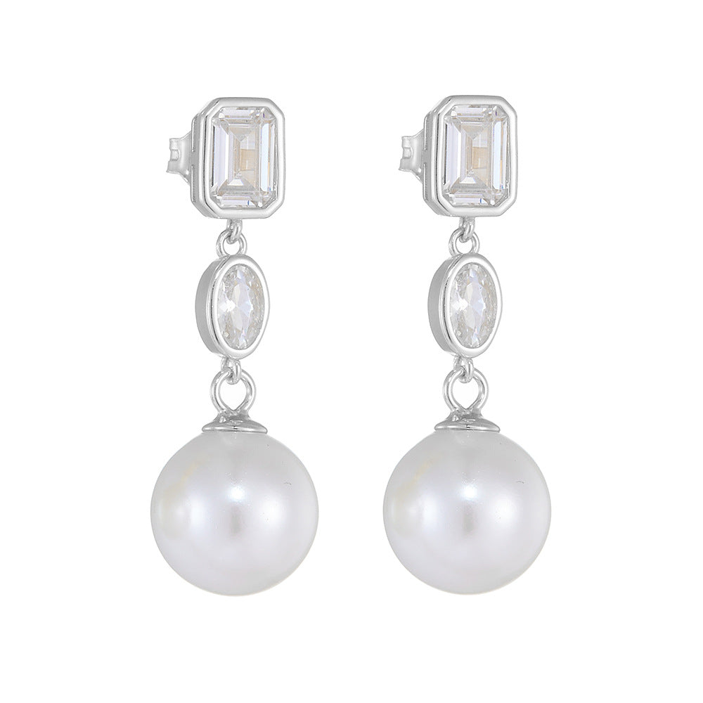 Round Pearl Pendant Emerald Cut and Oval Zircon Sterling Silver Drop Earrings