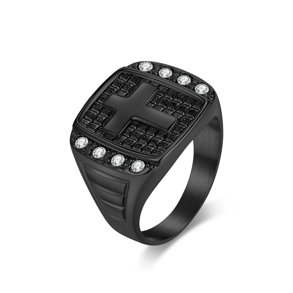 Planderful Cross Titanium Steel Ring For Men With Zircon Inlay Everyday Genie Luxury Jewelry