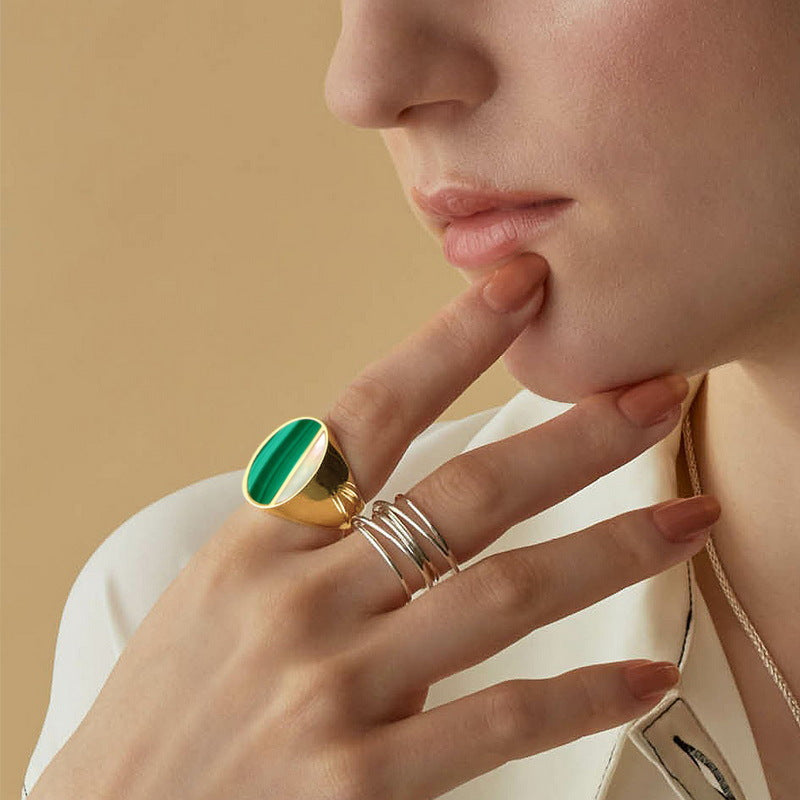 Malachite and Mother of Pearl Exaggerated Oval Shape Sterling Silver Ring