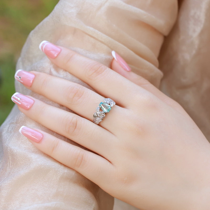 Planderful Jewelry Geometric Agate Sterling Silver Ring with Natural Green Mossy Stone and Aquatic Plants Design