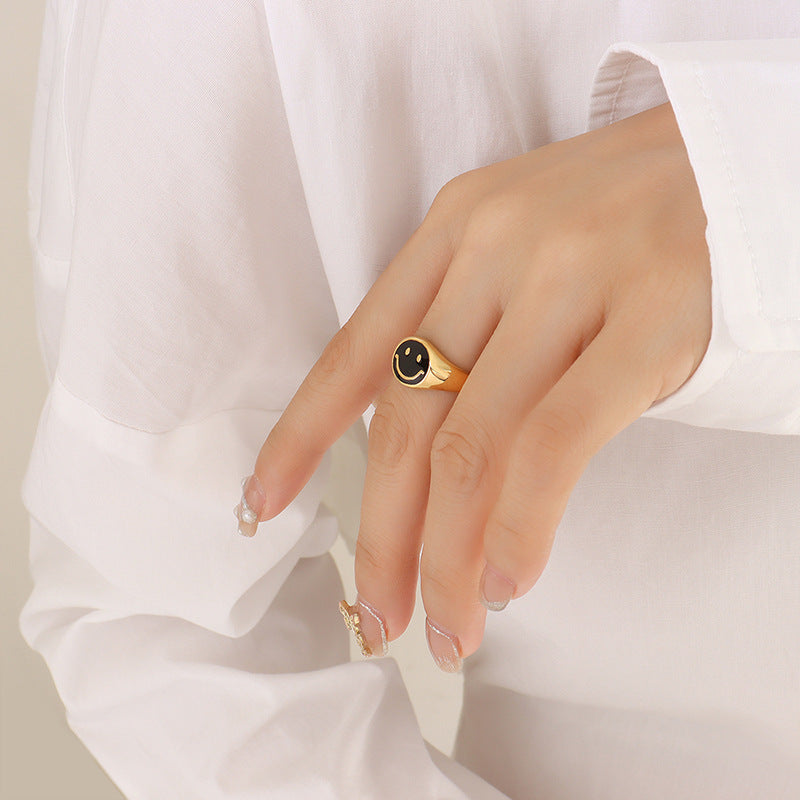 Korean Geometric Gold-Plated Smiley Face Ring with Titanium Steel - Women's Fashion Jewelry