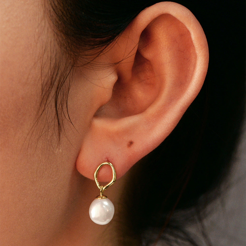 Planderful S925 Sterling Silver Earrings With Geometric Hollow Design And Natural Baroque Pearl Pendant For Women