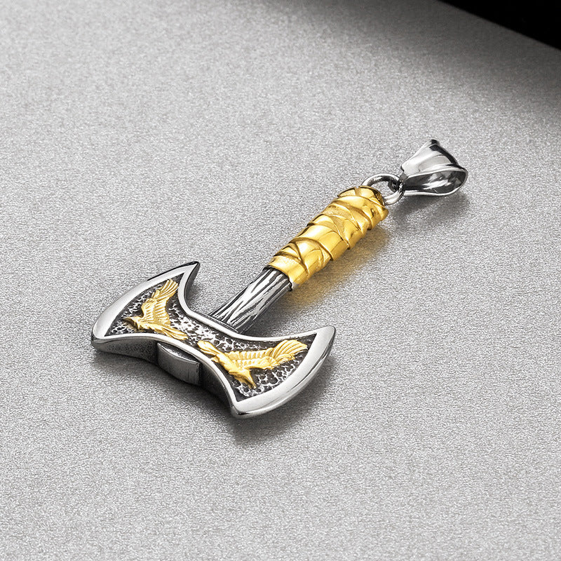 Titanium Steel Viking Crow Double-Headed Axe Pendant for Men - Nordic Mythology Inspired Hip-Hop Jewelry