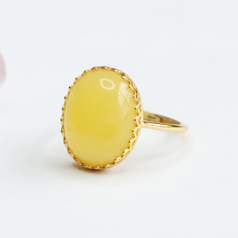S925 Sterling Silver Oval Baltic Beeswax Amber Ring with Adjustable Opening