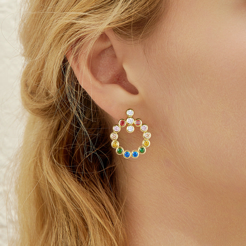 Coloured Zircon Circle Sterling Silver Stud Earrings