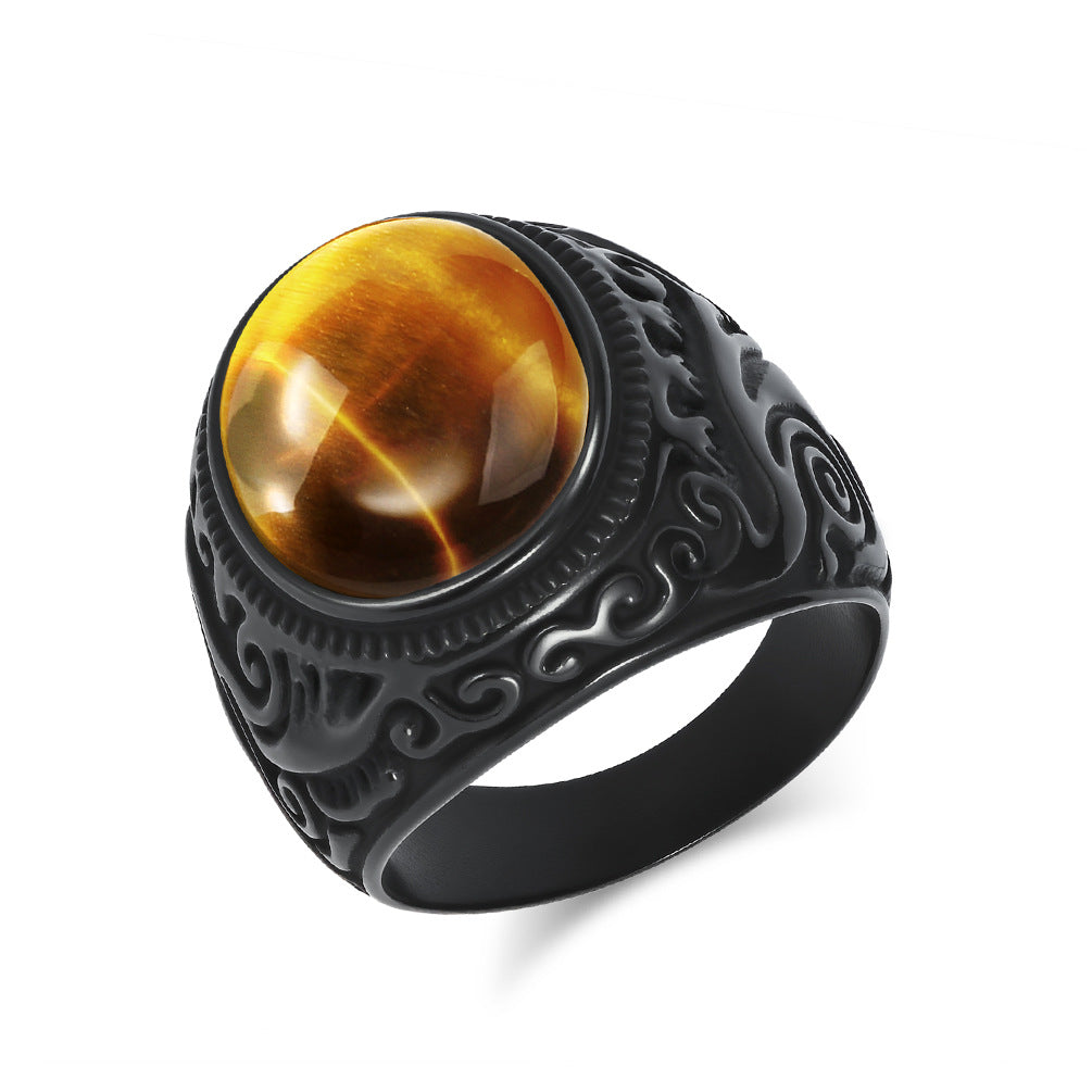 Planderful Mens Titanium Steel Ring With Tiger Eye Gem Retro Engraved Bold Statement Jewelry