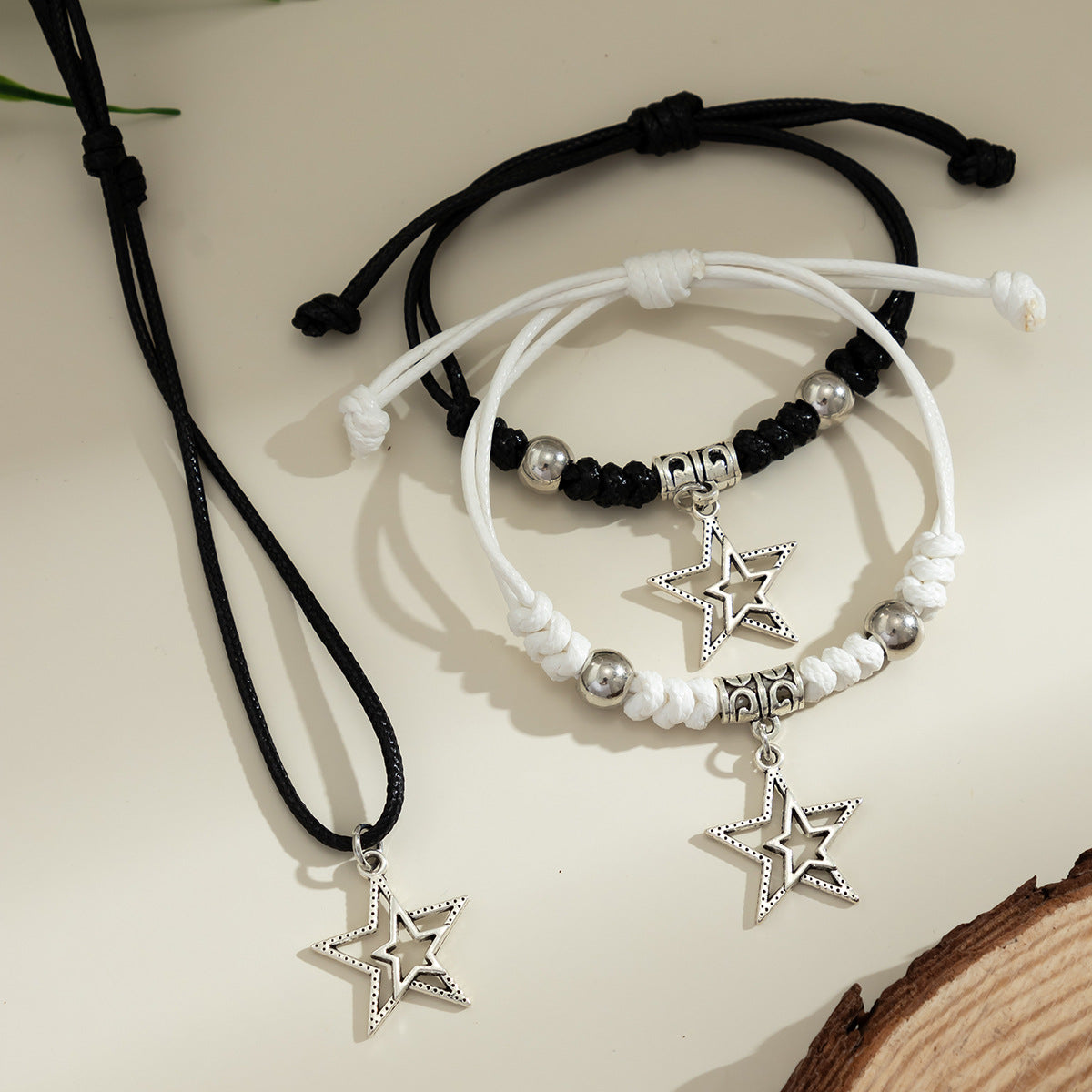 Star Shaped Life Tree Drawstring Necklace Set with Retro Peace Symbol