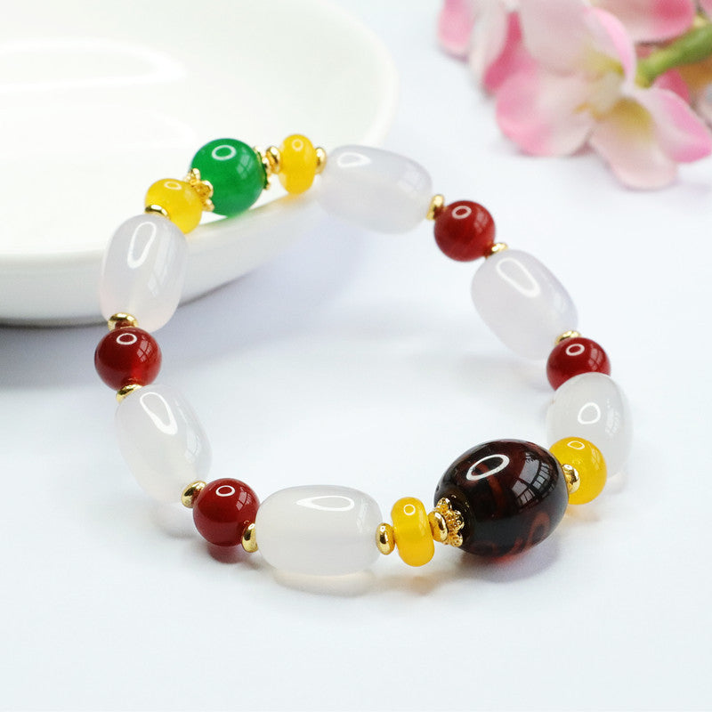 Colorful Agate Barrel Bead Bracelet with White Chalcedony Jewel