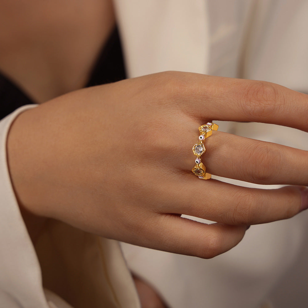 Fashionable Geometric Copper Open Ring with Zircon Glaze