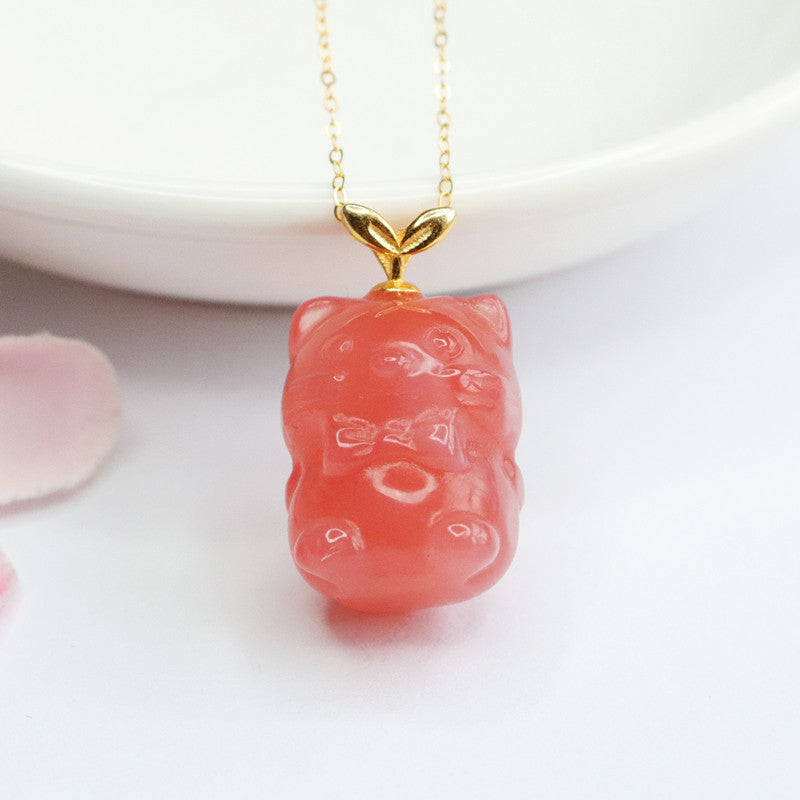 Golden Sterling Silver Pendant Necklace with Natural Agate Panda Accent