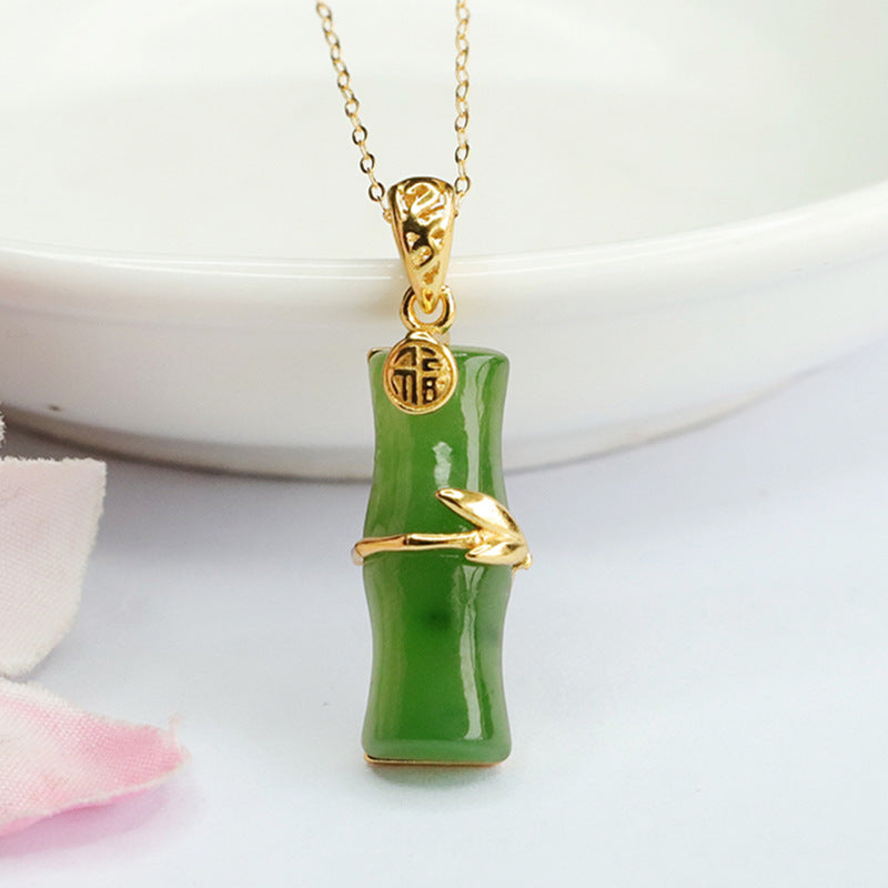 Sterling Silver Bamboo Pendant Necklace with Natural Hetian Jade and Jasper Blessing