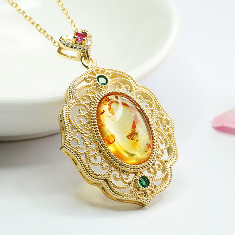 Floral Amber Vintage Zircon Openwork Pendant Necklace