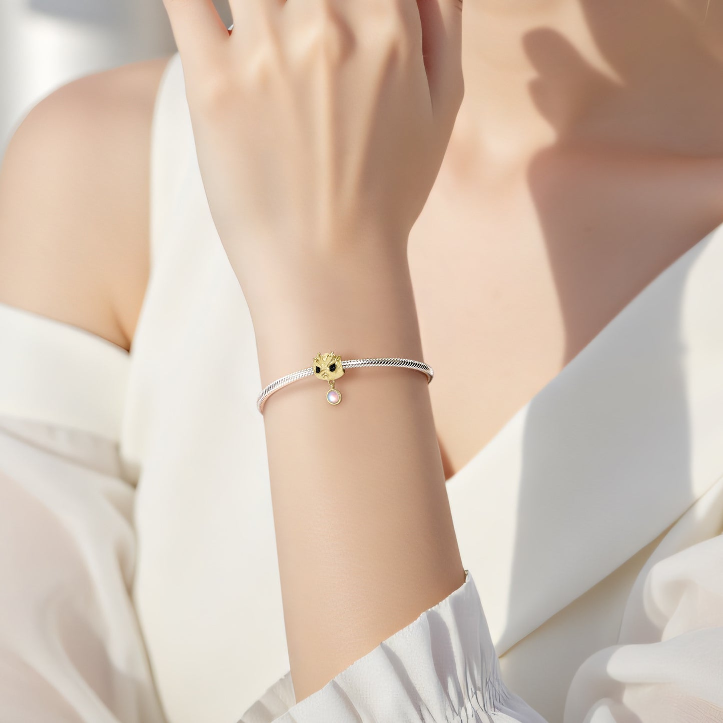 Planderful Jewelry Moonstone Dragon Beaded Bracelet In Sterling Silver With 14K Gold Plating