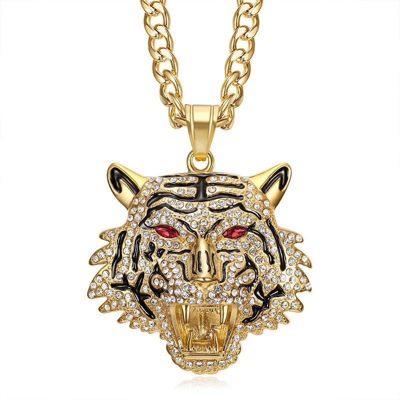 Planderful Hip Hop Jewelry Tiger Head Bottle Opener Necklace For Hip Hop Fans Stainless Steel Gold Plated Zircon