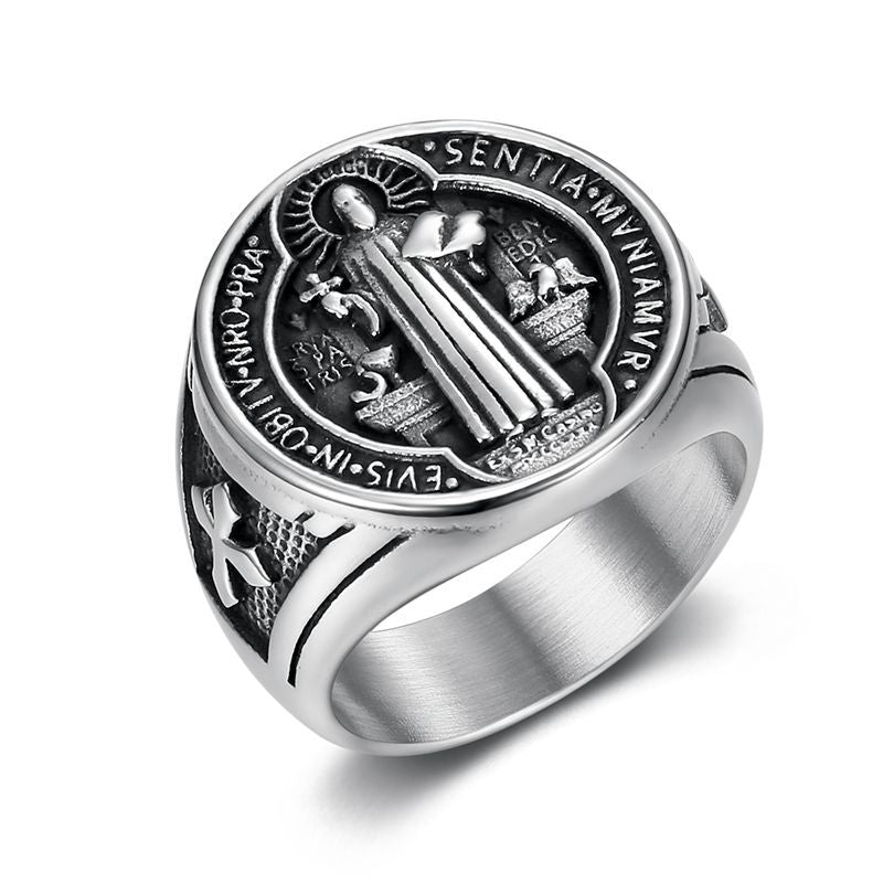 Planderful Saint Benedict Ring For Men Stainless Steel Gold Plated Hip Hop Jewelry Durable Statement